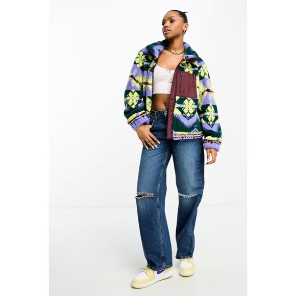 Wrangler Womens Sherpa Jacket Southwestern Print Full Zip Fleece Purple Yellow - Picture 7 of 16